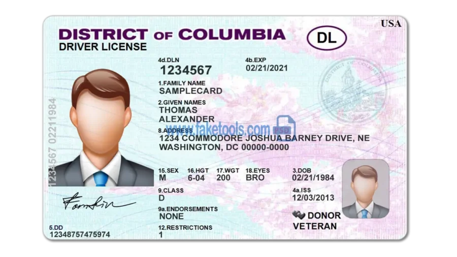District of Columbia Drivers License template PSD