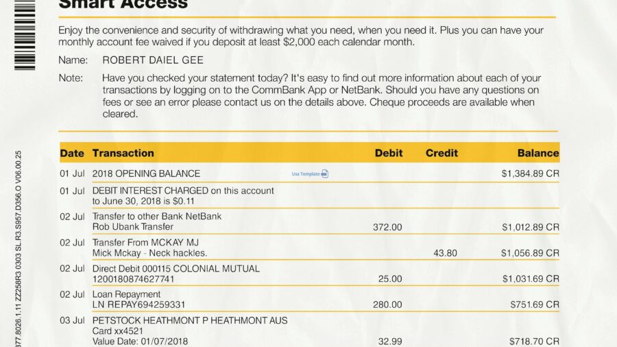 Commonwealth Bank Statement template psd