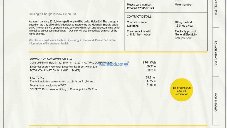 Finland utility bill template psd | Finland proof of address template psd