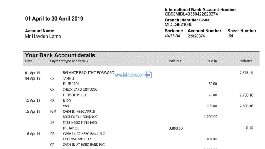 HSBC Bank Statement template psd