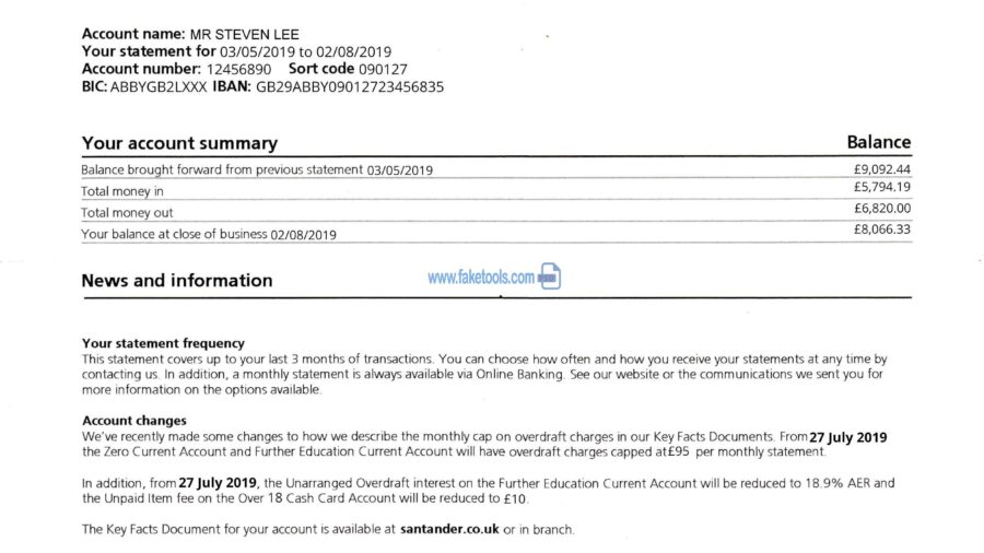 Santander Bank Statement template psd