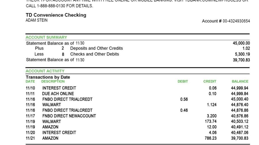 TD Bank Statement template psd