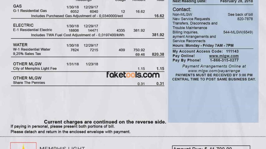 Tennessee utility bill template psd | Tennessee proof of address template psd